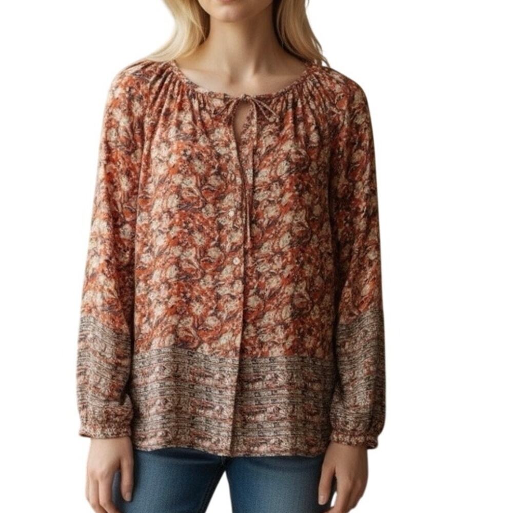Lucky Brand Peasant Top Womens Small Dark Pink Floral Border Boho Blouse